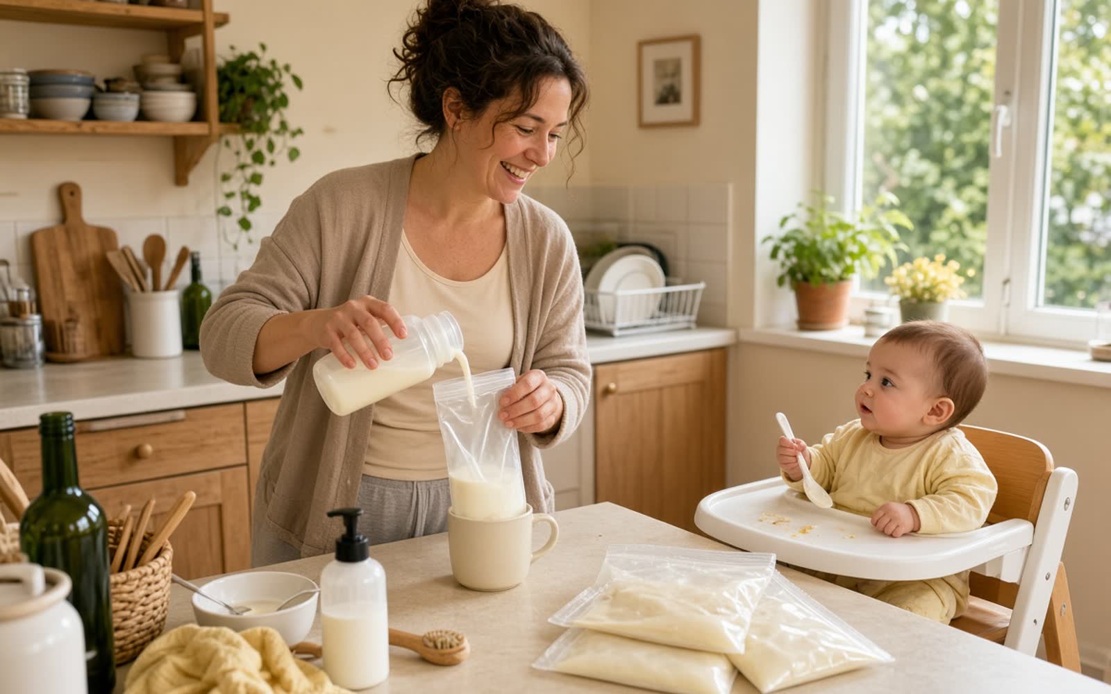 A smiling mother pouring milk from a bottle into a storage bag propped in a mug, her baby watching from a high chair