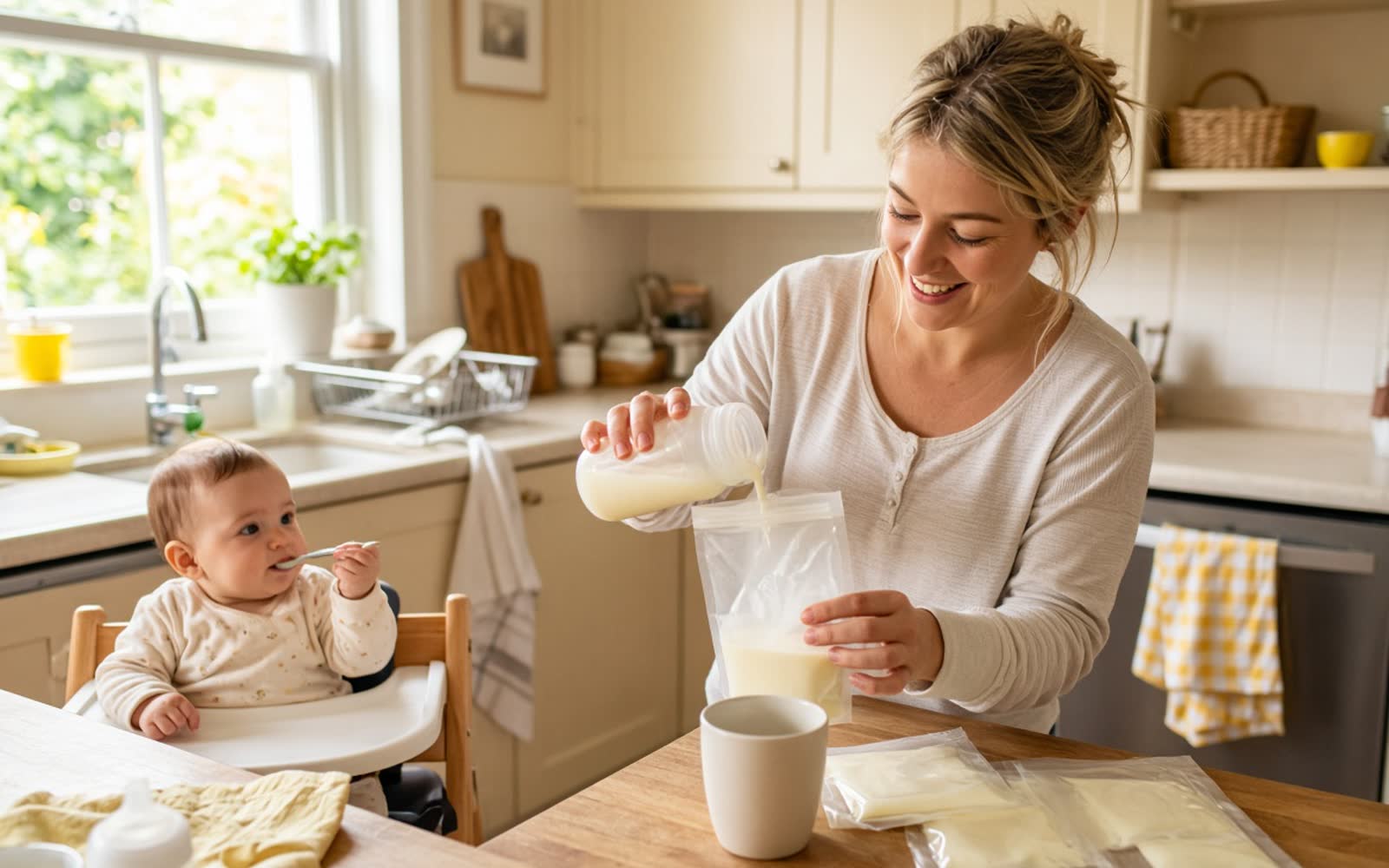 A mother pouring freshly pumped milk into a storage bag at her kitchen table