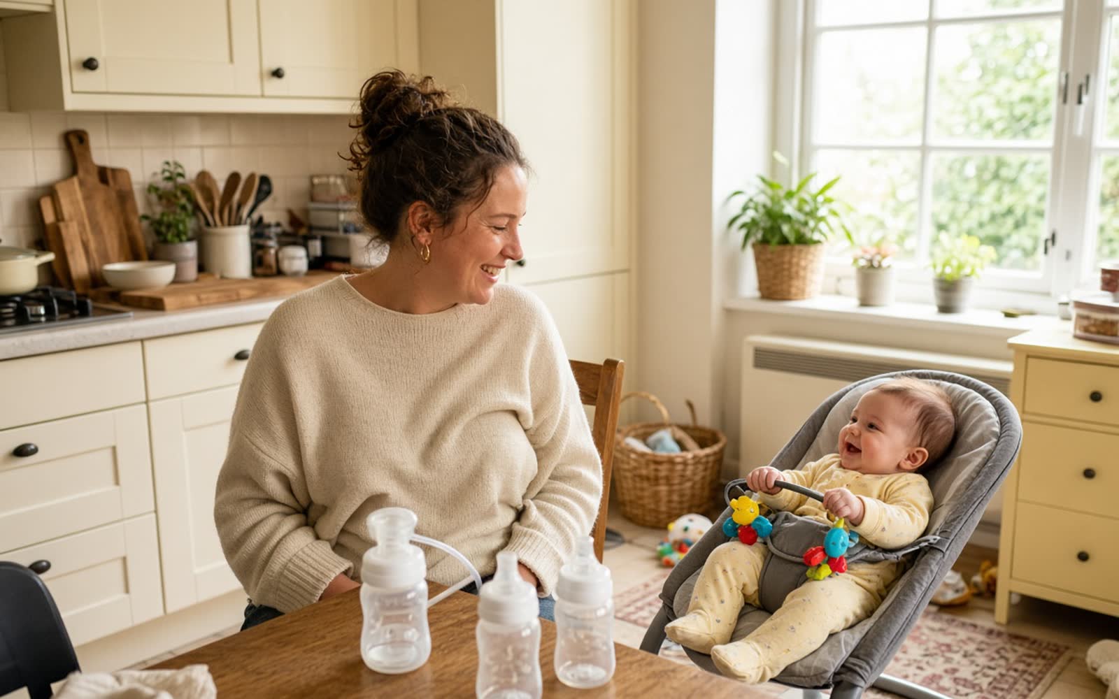 A relaxed mother using a breast pump at a kitchen table with her baby beside her