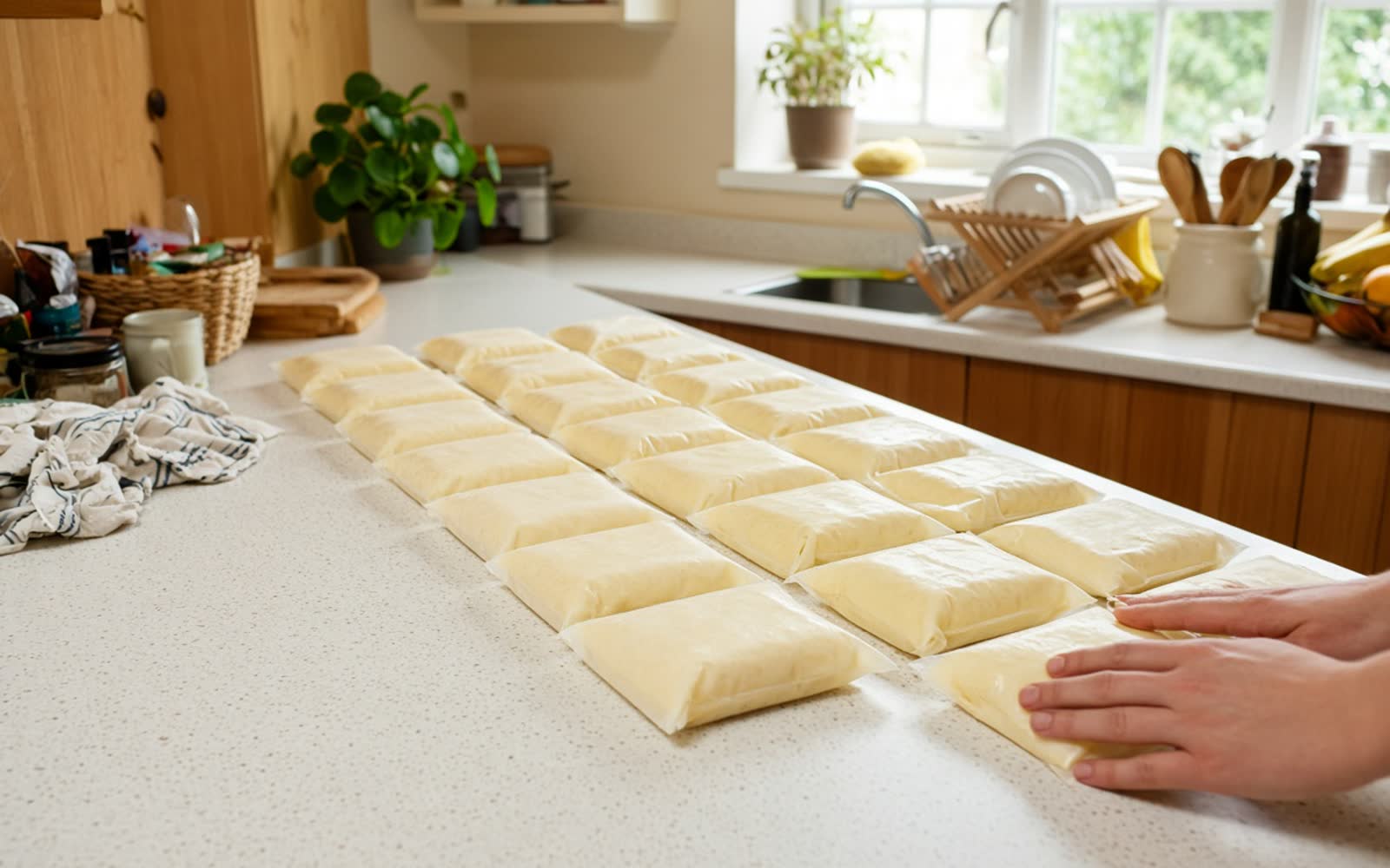 Flat frozen bags of milk laid out in tidy rows across a kitchen worktop while they are sorted