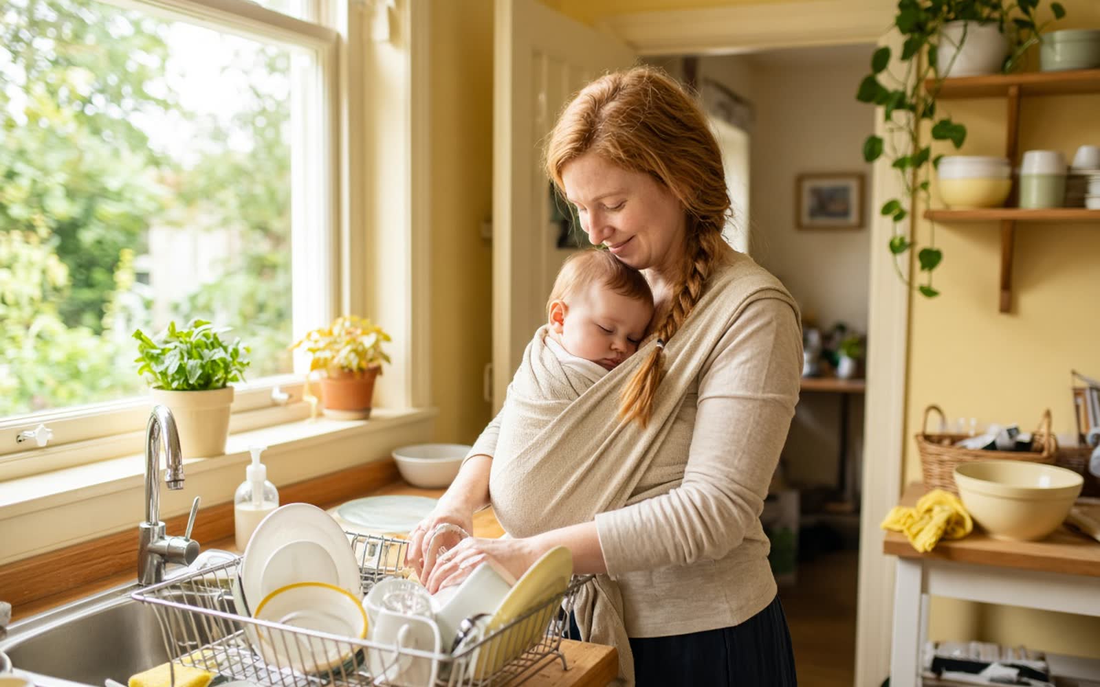 A woman washing up at the kitchen sink with her baby asleep in a sling on her chest