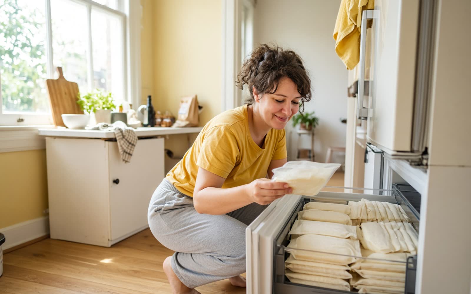 A woman beside an open freezer drawer of flat bags of milk
