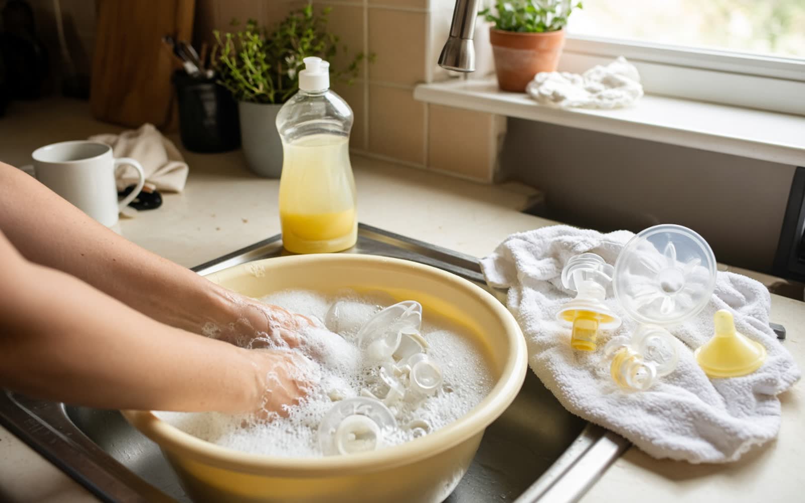 Hands washing pump parts in a bowl of soapy water at a kitchen sink, clean parts drying on a towel