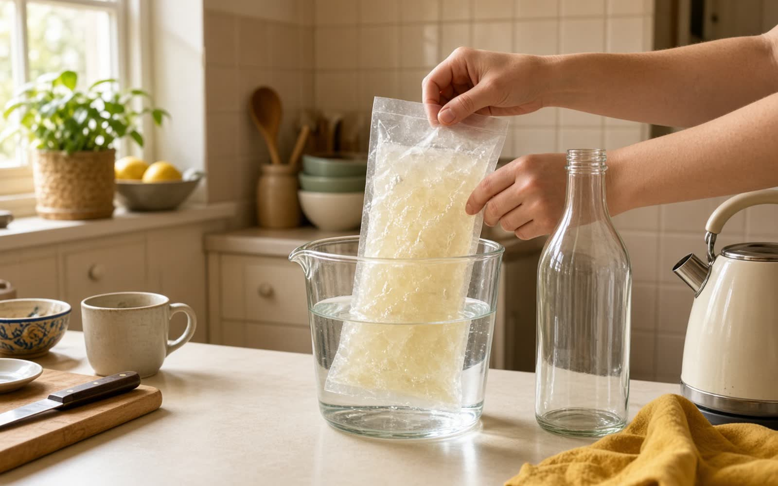 A flat bag of frozen milk standing in a jug of water on a kitchen worktop to thaw