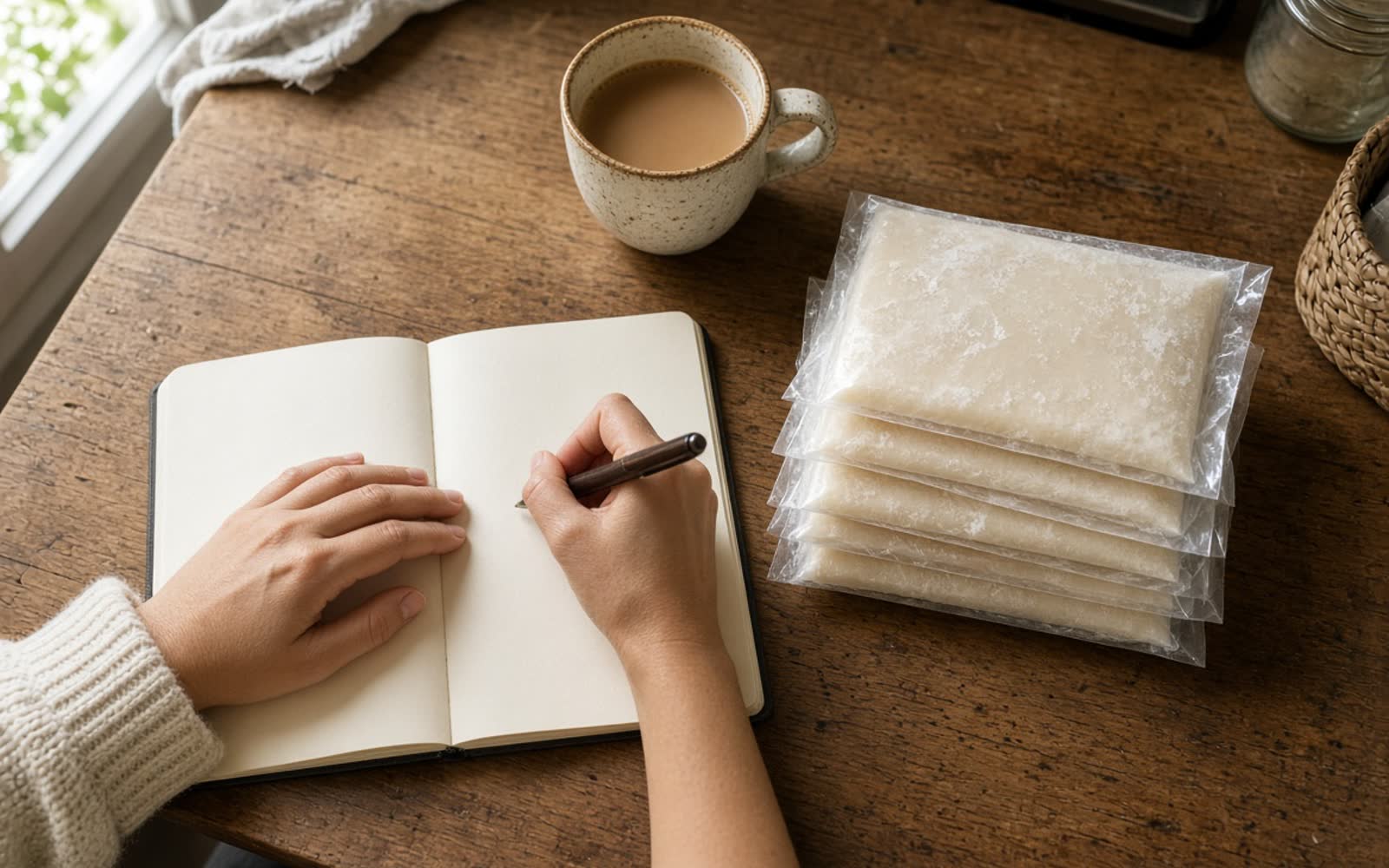 An overhead view of a woman's hands writing in a notebook beside a mug of coffee and a stack of flat frozen bags of milk