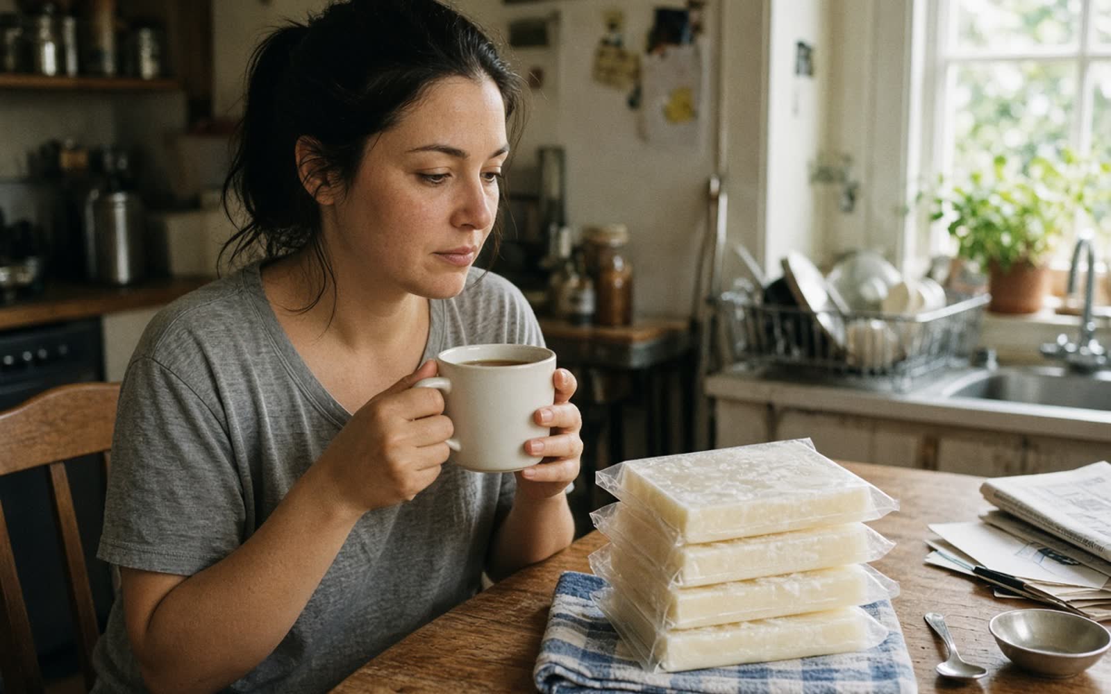 A woman with a mug of tea at her kitchen table, looking thoughtfully at a stack of flat frozen bags of milk on a tea towel