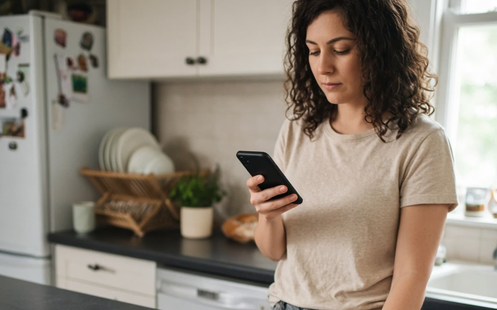 A woman standing at her kitchen counter, reading something on her phone